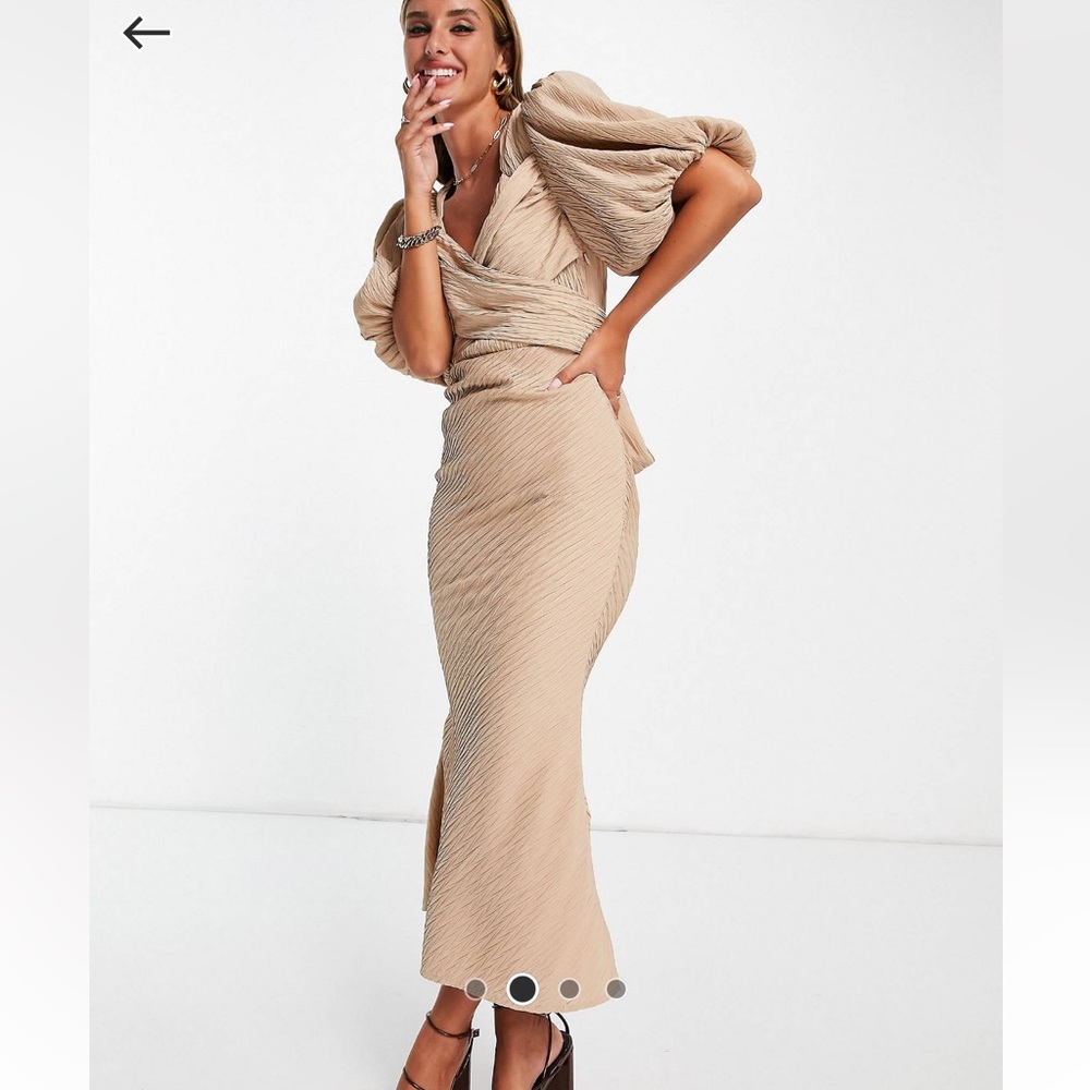 Puff sleeve wrap midi dress with tie in the back